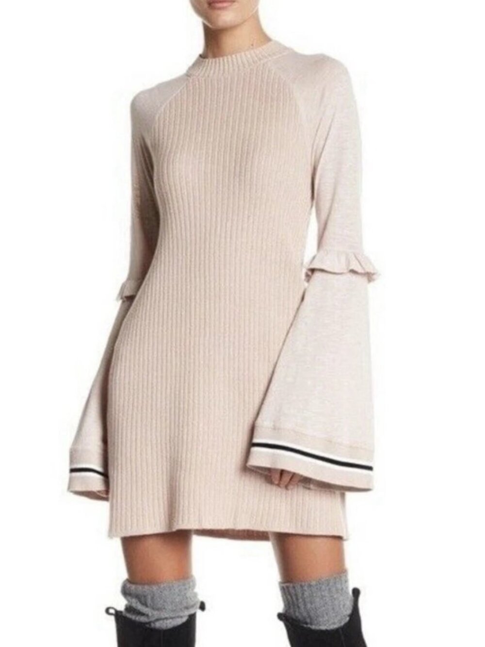 Free People Beige Long Sleeve Ribbed Body Con Boho Flowy Mini Dress - XS
